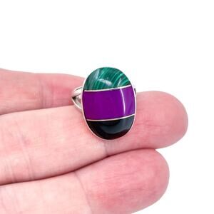 Mexico Malachite Sugilite Onyx Ring | Vintage Sterling Silver 925 | Size 6